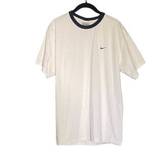 Nike Banded Neckline Adult Short Sleeve T-Shirt-White/Navy Blue-Size M-GUC